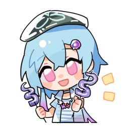 Rule 34 | 1boy, arknights, beret, blue flower, blue hair, blush stickers, chibi, cropped torso, flower, flower wreath, food, grey hat, hair between eyes, hair ornament, hat, holding, holding food, jacket, male focus, marchrin, mizuki (arknights), mizuki (summer feast) (arknights), notice lines, open clothes, open jacket, pink eyes, pink flower, red flower, see-through, shirt, short sleeves, simple background, solo, striped clothes, striped shirt, tentacles, upper body, white background, white flower