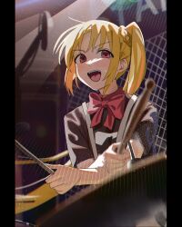 Rule 34 | &gt;:), 1girl, :d, absurdres, blonde hair, blurry, blurry background, blurry foreground, blush, bocchi the rock!, bow, bowtie, brown shirt, commentary, day, depth of field, drumming, drumsticks, fence, highres, holding, holding drumsticks, ijichi nijika, jiki (gkdlfnzo1245), light, light particles, long hair, looking away, open mouth, parted bangs, red bow, red eyes, shadow, shirt, short sleeves, side ponytail, sidelocks, sitting, smile, solo, tongue, upper body, v-shaped eyebrows