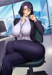 Rule 34 | 1girl, black pants, blazer, blurry, blurry background, breasts, brown eyes, building, collared shirt, commentary, commission, curvy, desk, dress shirt, highres, id card, jacket, keyboard (computer), kirin ouji, lanyard, large breasts, crossed legs, lips, looking at viewer, mature female, medium hair, monitor, office, office lady, original, pants, purple hair, shirt, sitting, smile, solo, thick thighs, thighs, white shirt, window
