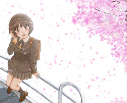 Rule 34 | 1girl, :d, adjusting hair, amagami, arm at side, backpack, bag, black bow, black bowtie, black jacket, black sailor collar, black skirt, black socks, blush, bob cut, bow, bowtie, branch, breasts, briefcase, brown bag, brown eyes, brown footwear, brown hair, cherry blossoms, collared shirt, commentary, dress shirt, falling petals, flower, from above, from side, h.i.t (59-18-45), hand on railing, hand up, highres, jacket, kibito high school uniform, loafers, looking at viewer, looking to the side, looking up, loose hair strand, messy hair, on railing, open mouth, petals, pink flower, playing with own hair, pleated skirt, railing, sailor collar, school briefcase, school uniform, shirt, shoes, short hair, sidewalk, skirt, small breasts, smile, socks, solo, sweater, tachibana miya, teeth, tree, upper teeth only, white background, white shirt, yellow sweater