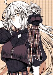 1girl ahoge boots contemporary earrings fate/grand_order fate_(series) grid_background highres jeanne_d&#039;arc_alter_(fate) jewelry long_skirt plaid_clothes plaid_skirt ribbed_shirt sepia shirt signature single_earring skirt smile yuuzuki230 zipper