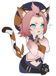 Rule 34 | 1girl, animal ear fluff, animal ears, bag, bare shoulders, black bag, blue eyes, blush, cat ears, cat girl, cat tail, collared shirt, diona (genshin impact), fingerless gloves, floral print, genshin impact, gloves, hair ornament, hands on own face, hands up, highres, jacket, long sleeves, looking to the side, navel, necktie, null no, open mouth, orange necktie, pink hair, pink jacket, puffy long sleeves, puffy sleeves, purple gloves, purple shirt, purple shorts, shirt, short hair, shorts, simple background, solo, standing, tail, topknot, v-shaped eyebrows, white background
