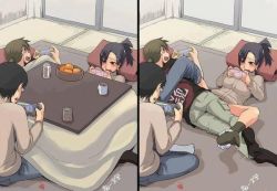 Rule 34 | 1girl, 2boys, black hair, black shorts, blush, bottomless, brown hair, clothed sex, handheld game console, kotatsu, lying, multiple boys, on back, on side, panties, panties around leg, pants around one leg, playing games, playstation portable, ryo (liver sashi daisuki!), sex, shorts, spread legs, stealth, stealth sex, sweater, table, text focus, translated, under kotatsu, under table, underwear, vaginal, video game