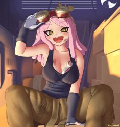 Rule 34 | 1girl, artist name, baggy pants, bare shoulders, between breasts, black gloves, black shirt, blush, boku no hero academia, breasts, collarbone, gloves, goggles, goggles on head, hatsume mei, kuroonehalf, large breasts, looking at viewer, mechanic, medium breasts, open mouth, pants, pink hair, shirt, sitting, smile, solo, sweat, symbol-shaped pupils, tank top, unusual pupils, wrench, yellow eyes