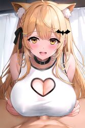 Rule 34 | 1boy, 1girl, absurdres, ahoge, animal ear fluff, animal ears, bat hair ornament, belt collar, black collar, blonde hair, blush, breasts, cat ears, cleavage, cleavage cutout, clothing cutout, collar, covered erect nipples, hair ornament, heart cutout, highres, hololive, large breasts, looking at viewer, official alternate costume, open mouth, paizuri, paizuri under clothes, shirt, sleeveless, sleeveless shirt, smile, sugiki, teeth, upper teeth only, virtual youtuber, white shirt, yellow eyes, yozora mel, yozora mel (5th costume)