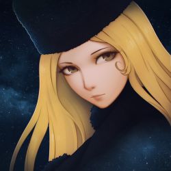Rule 34 | 1girl, blonde hair, brown eyes, commentary, expressionless, eyelashes, fur hat, ginga tetsudou 999, hat, lips, long hair, looking at viewer, maetel, miura-n315, nose, portrait, solo, space, star (sky), star (symbol)
