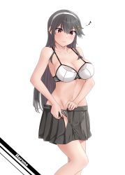 Rule 34 | 1girl, absurdres, black hair, bra, breasts, brown eyes, character name, cleavage, commentary request, dress, grey skirt, hairband, haruna (kancolle), highres, jouzaburou (joe3), kantai collection, large breasts, long hair, panties, pleated dress, simple background, skirt, solo, striped clothes, striped panties, underwear, undressing, white background, white bra, white panties