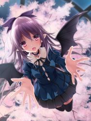 Rule 34 | 1girl, :d, aoi tori (purple software), black ribbon, black skirt, black thighhighs, black wings, blue shirt, blush, bow, breasts, chaamii, cherry blossoms, choker, commentary request, demon girl, demon wings, fang, hair bow, highres, juliet sleeves, long hair, long sleeves, looking at viewer, mary harker, medium breasts, neck ribbon, open mouth, pointy ears, puffy sleeves, purple bow, purple hair, purple software, reaching, reaching towards viewer, red eyes, ribbon, shirt, skirt, slit pupils, smile, solo, thighhighs, wings, zettai ryouiki