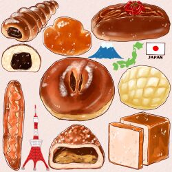 Rule 34 | bread, bread slice, dessert, food, food focus, highres, japan, melon bread, miri illust, mount fuji, no humans, original, tokyo tower, tower