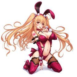 Rule 34 | 1girl, absurdres, ahoge, animal ears, arm strap, arm tattoo, bare shoulders, blonde hair, blush, boots, breasts, bridal gauntlets, cleavage, detached collar, eyelashes, facial tattoo, fake animal ears, finger to mouth, floating hair, full body, garter straps, high heel boots, high heels, highres, kneeling, large breasts, leotard, long hair, looking at viewer, mole, mole on breast, nail polish, o-ring, original, playboy bunny, rabbit ears, rabbit tail, red eyes, red leotard, red nails, revealing clothes, sakiyamama, sidelocks, signature, simple background, solo, stomach, tail, tattoo, thigh boots, thighhighs, thighhighs under boots, twintails, two side up, white background, wrist cuffs