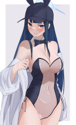 Rule 34 | 1girl, absurdres, animal ears, bare shoulders, baseball cap, black bow, black bowtie, blue archive, blue eyes, blue hair, blush, bow, bowtie, breasts, cleavage, clenched teeth, covered navel, detached collar, halo, hat, highres, kakimoto nao, long hair, medium breasts, meme attire, off shoulder, pillarboxed, rabbit ears, saori (blue archive), scowl, shirt, solo, straight hair, teeth, thighs, translucent bunnysuit, v-shaped eyebrows, very long hair, white shirt