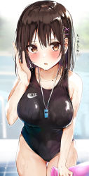 Rule 34 | 1girl, black one-piece swimsuit, blush, breasts, brown eyes, brown hair, commentary request, competition swimsuit, hair ornament, hand up, highres, large breasts, looking at viewer, mole, mole on collarbone, one-piece swimsuit, original, rouka (akatyann), short hair, swimsuit, wet, wet clothes, whistle, whistle around neck, x hair ornament