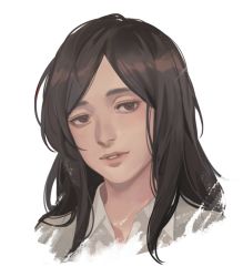 Rule 34 | 1girl, beige jacket, brown eyes, brown hair, commentary request, cropped shoulders, lips, long hair, looking at viewer, marley military uniform, pieck finger, portrait, shingeki no kyojin, solo, white background, zoo (oukakumaku)