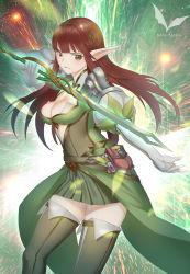 Rule 34 | 1girl, artist name, ban yang, breasts, brown eyes, brown hair, brown thighhighs, cleavage, elf, gloves, green skirt, highres, holding, holding sword, holding weapon, medium breasts, original, pointy ears, pouch, skirt, solo, standing, sword, thighhighs, vial, watermark, weapon, white gloves