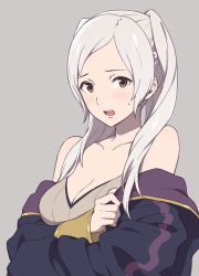 Rule 34 | 1girl, agata (agatha), bad id, bad twitter id, bare shoulders, blush, breasts, cleavage, collarbone, fire emblem, fire emblem awakening, fire emblem heroes, jacket, long sleeves, looking at viewer, medium breasts, nintendo, off shoulder, open mouth, robin (female) (fire emblem), robin (fire emblem), solo, sweatdrop, twintails, white hair