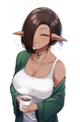 Rule 34 | :d, absurdres, asymmetrical hair, ataririri, breasts, brown hair, camisole, cleavage, coffee, collarbone, cup, dark-skinned female, dark elf, dark skin, elf, closed eyes, green jacket, hair over one eye, highres, holding, holding cup, jacket, jewelry, large breasts, light blush, necklace, off-shoulder, open clothes, open jacket, open mouth, pendant, pointy ears, short hair, simple background, smile, standing, upper body, white background, white camisole, wide sleeves
