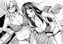 Rule 34 | 2girls, :d, bed, blush, bra, breasts, cleavage, unworn clothes, collarbone, commentary request, glasses, greyscale, highres, large breasts, long hair, looking at viewer, monochrome, multiple girls, open mouth, original, panties, panty pull, pulled by self, smile, tachibana omina, underwear, underwear only, undressing