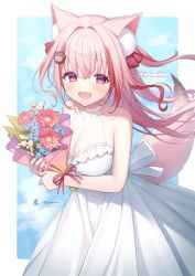 Rule 34 | 1girl, :d, animal ear fluff, animal ears, bare arms, bare shoulders, blue flower, bouquet, bow, breasts, cleavage, collarbone, commentary request, covered collarbone, dress, fang, flower, frilled dress, frills, hair bow, holding, holding bouquet, indie virtual youtuber, looking at viewer, medium breasts, multicolored hair, official art, ookami kuon, open mouth, pink hair, red bow, red eyes, red flower, red hair, signature, sleeveless, sleeveless dress, smile, solo, streaked hair, tail, toma (norishio), twitter username, two side up, virtual youtuber, white dress, white flower