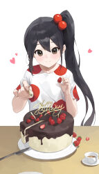 Rule 34 | absurdres, black hair, blush, brown eyes, cake, closed mouth, food, fruit, hair bobbles, hair ornament, happy birthday, heart, highres, holding, holding food, holding fruit, huomianbao39445, k-on!, knife, long hair, nakano azusa, plate, shirt, short sleeves, side ponytail, simple background, smile, strawberry, upper body, white background