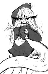 Rule 34 | 1girl, absurdres, animal, animal ear fluff, arms up, black nails, breasts, dancing, fang, greyscale, hair between eyes, hand up, highres, lizard tail, long hair, long sleeves, looking at another, medium breasts, miniskirt, monochrome, monster, monster girl, nail polish, naughty face, navel, non-web source, original, pfufu, pleated skirt, pointy ears, reptile girl, ribbon, scales, self-upload, simple background, skirt, solo, standing, tail, tank top, very long hair