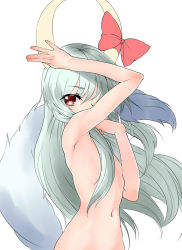 Rule 34 | 1girl, armpits, blush, bow, ex-keine, flat chest, green hair, hair censor, horn bow, horn ornament, horns, kamishirasawa keine, long hair, looking at viewer, navel, nude, one eye closed, out-of-frame censoring, red eyes, ribbon, simple background, solo, tail, tori kaku, touhou, white background, wink