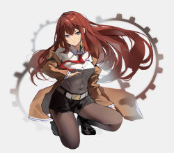 Rule 34 | 1girl, absurdres, belt, black footwear, black shorts, brown coat, brown hair, brown pantyhose, coat, collared shirt, commentary, dress shirt, full body, highres, jacket, long hair, long sleeves, looking at viewer, makise kurisu, necktie, open clothes, open coat, pantyhose, pantyhose under shorts, purple eyes, red necktie, sakanafish, shirt, shoes, shorts, simple background, solo, squatting, steins;gate, symbol-only commentary, white background, white belt, white shirt