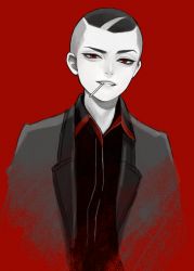 Rule 34 | 1boy, collared shirt, danball senki wars, grin, itan kyouji, jacket, looking at viewer, male focus, monochrome, mouth hold, murasaki (fioletovyy), open clothes, open jacket, red background, red eyes, shirt, short hair, smile, solo, teeth hold, undercut, uneven eyes, upper body