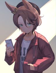 Rule 34 | 1girl, absurdres, beret, black hat, bojue (hakus 1128), brown hair, cellphone, closed mouth, green eyes, hair between eyes, hand in pocket, hand up, hat, highres, holding, holding phone, jacket, long sleeves, looking at viewer, narita taishin (umamusume), open clothes, open jacket, phone, red jacket, shirt, smartphone, solo, umamusume, upper body, white shirt