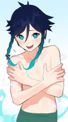 Rule 34 | +++, 1boy, abbystea, androgynous, arm tattoo, black hair, blue hair, braid, chest tattoo, commentary, english commentary, genshin impact, gradient hair, green eyes, highres, laughing, looking at viewer, male focus, multicolored hair, neck tattoo, open mouth, short hair with long locks, sidelocks, simple background, smile, solo, tattoo, tearing up, topless male, twin braids, venti (genshin impact)