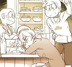 Rule 34 | 10s, 1girl, 2boys, bottle, chibita, crossed arms, drunk, facial mark, food, food stand, hairband, hood, hoodie, looking at another, low twintails, matsuno osomatsu, monochrome, multiple boys, oden, osomatsu-kun, osomatsu-san, osomatsu (series), rian (bdl), sake bottle, shirt, short twintails, sweatdrop, t-shirt, towel, towel around neck, twintails, whisker markings, yatai, yowai totoko