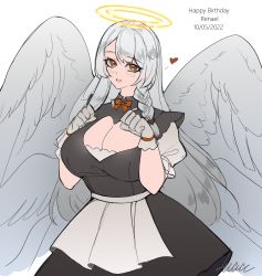 Rule 34 | 4kkc, angel, apron, black dress, borrowed character, breasts, brown eyes, cleavage, cleavage cutout, clothing cutout, commentary, dated, dress, english commentary, gloves, grey gloves, halo, heart, highres, large breasts, long hair, looking at viewer, original, paw pose, signature, smile, very long hair, white background