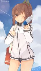 Rule 34 | 1girl, ;), bag, blue sky, blush, bottle, brown eyes, brown hair, cloud, cosplay, day, handbag, hayasui (kancolle), hayasui (kancolle) (cosplay), hayasui (kancolle), i-401 (kancolle), jacket, kantai collection, long hair, long sleeves, one-piece swimsuit, one eye closed, ponytail, riruno, school bag, school swimsuit, sidelocks, sky, smile, solo, swimsuit, swimsuit under clothes, tan, track jacket, turtleneck, twitter username, water, zipper
