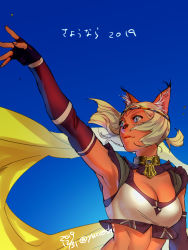 Rule 34 | 1girl, 2019, animal ear fluff, animal ears, arm up, blonde hair, blue background, blue eyes, breasts, cat ears, cleavage, closed mouth, dated, elbow gloves, final fantasy, final fantasy xi, fingerless gloves, gloves, gradient background, highres, medium breasts, midriff, mithra (ff11), no eyebrows, parted bangs, short hair, solo, translated, twitter username, yuccoshi