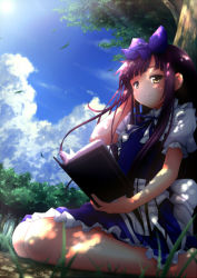 Rule 34 | 1girl, adjusting hair, against tree, book, bow, brown hair, cloud, dappled sunlight, day, dress, female focus, hair bow, long hair, nature, shade, sitting, sky, smile, solo, star sapphire, sui. (ayase), sun, sunlight, touhou, tree, tree shade, wariza, yellow eyes