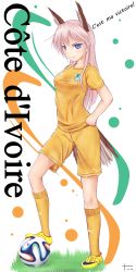 Rule 34 | 1girl, 2014 fifa world cup, alternate costume, animal ears, ball, blue eyes, french text, fuu maumau, hanna-justina marseille, head wings, highres, long hair, shorts, simple background, smile, soccer, soccer uniform, solo, sportswear, strike witches, tail, wings, world cup, world witches series