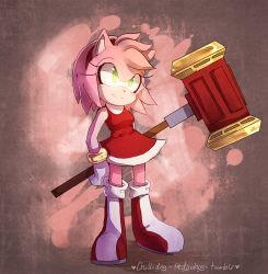Rule 34 | 1girl, amy rose, animal ears, animal nose, arm behind back, artist name, blush, boots, breasts, closed mouth, dress, female focus, full body, furry, furry female, gloves, green eyes, hairband, hammer, happy, heart, holding, holding weapon, huge weapon, knee boots, light blush, medium breasts, pink background, pink hair, red dress, red footwear, red hairband, short hair, simple background, sketch, sleeveless, sleeveless dress, smile, solo, sonic (series), spacecolonie, standing, tumblr username, two-handed, weapon, white gloves