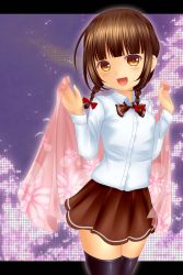 Rule 34 | 1girl, black thighhighs, bow, bowtie, braid, brown hair, cherry blossoms, contrapposto, dress shirt, floral print, hair ribbon, highres, letterboxed, long sleeves, looking at viewer, open mouth, patterned background, ribbon, rika (touhou), shawl, shirt, short hair, shounen (hogehoge), skirt, solo, standing, thighhighs, touhou, touhou (pc-98), tress ribbon, twin braids, yellow eyes, zettai ryouiki