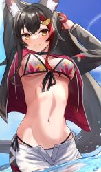 Rule 34 | 1girl, absurdres, animal ears, arm behind head, armpit peek, arms up, bikini, black choker, black hair, black jacket, choker, closed mouth, day, drawstring, front-tie bikini top, front-tie top, hair ornament, hairclip, highres, hololive, jacket, long hair, long sleeves, looking at viewer, multicolored hair, navel, ookami mio, open clothes, open fly, open jacket, orange eyes, outdoors, ponytail, short shorts, shorts, side-tie bikini bottom, smile, solo, standing, stomach, streaked hair, string bikini, sunlight, swimsuit, very long hair, virtual youtuber, wading, water, wet, white bikini, white shorts, wolf ears, woogi (duguddnr)