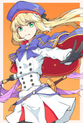 1girl artoria_caster_(fate) artoria_caster_(second_ascension)_(fate) artoria_pendragon_(fate) belt black_bow black_gloves blonde_hair blue_belt blue_bow blue_bowtie blue_capelet blue_hat border bow bowtie buttons capelet closed_mouth commentary_request dress fate/grand_order fate_(series) floating_hair gloves green_eyes hair_bow hat highres kamesan231 long_hair long_sleeves looking_at_viewer orange_background outside_border pantyhose red_capelet simple_background solo twintails two-tone_capelet very_long_hair weapon white_border white_dress