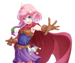 Rule 34 | 1girl, ahoge, amahane yotsuha, blue eyes, braid, cape, chrono trigger, cosplay, earrings, gloves, hair ornament, hairclip, jewelry, kanimusiv v, long hair, looking at viewer, magus (chrono trigger), open mouth, pink hair, pointy ears, simple background, single braid, smile, solo, vgaming, virtual youtuber, white background