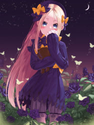 Rule 34 | 1girl, abigail williams (fate), absurdres, black bow, black dress, black hat, blonde hair, bloomers, blue eyes, blush, bow, bug, butterfly, closed mouth, crescent moon, dress, fate/grand order, fate (series), field, flower, flower field, forehead, hat, highres, holding, holding stuffed toy, insect, leavv, long hair, long sleeves, looking at viewer, moon, night, night sky, orange bow, parted bangs, ribbed dress, rose, sky, sleeves past fingers, sleeves past wrists, smile, solo, star (sky), starry sky, stuffed animal, stuffed toy, teddy bear, underwear, white bloomers