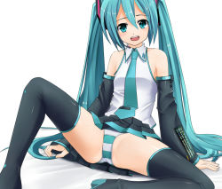 Rule 34 | 1girl, aqua eyes, aqua hair, arm support, bad id, bad pixiv id, black thighhighs, blouse, detached sleeves, eto, female focus, green panties, hatsune miku, headset, leaning back, long hair, miniskirt, necktie, panties, pleated skirt, shirt, simple background, sitting, skirt, sleeveless, smile, solo, spread legs, striped clothes, striped panties, thighhighs, twintails, underwear, very long hair, vocaloid, white background, wide spread legs