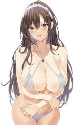 Rule 34 | 1girl, bare shoulders, bikini, blush, breasts, brown hair, character request, cleavage, collarbone, copyright request, hair between eyes, hairband, hiiragi yuuichi, jewelry, large breasts, long hair, looking at viewer, necklace, purple eyes, simple background, solo, swimsuit, white background