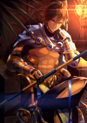 Rule 34 | 1boy, abs, absurdres, ahoge, bare pectorals, black gloves, brown hair, cape, dark skin, dark-skinned male, egyptian, egyptian clothes, fate/grand order, fate/prototype, fate/prototype: fragments of blue and silver, fate (series), gauntlets, gloves, hair between eyes, highres, holding, holding staff, huge filesize, jewelry, looking at viewer, male focus, muscular, necklace, ozymandias (fate), pectorals, topless male, shrug (clothing), sitting, solo, staff, throne, torch, w-moz9-w, white cape, yellow eyes