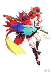 Rule 34 | 1girl, absurdres, benienma (fate), benienma (third ascension) (fate), fate/grand order, fate (series), full body, hat, highres, horns, katana, looking at viewer, luozhou pile, platform clogs, platform footwear, red eyes, red hair, sandals, sheath, sheathed, shin guards, short hair, simple background, single horn, smile, solo, sword, thighhighs, weapon, white background, white thighhighs, zouri