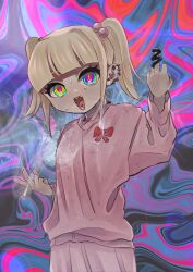 Rule 34 | 1girl, abstract background, absurdres, blonde hair, chanel (jimoto saikou), cigarette, commentary request, cowboy shot, dirty, dirty clothes, drugged, ear piercing, hair bobbles, hair ornament, hand up, highres, holding, holding cigarette, jimoto saikou, joint (drug), long sleeves, looking at viewer, middle finger, missing tooth, multicolored background, multicolored eyes, nikutaku meru, open mouth, pants, piercing, pink pants, pink sweater, rainbow eyes, ringed eyes, scribble censor, short twintails, smile, smoke, solo, standing, sweat, sweater, tongue piercing, twintails, wavy eyes