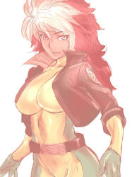 Rule 34 | 10s, 1girl, animification, bad id, bad pixiv id, bodysuit, breasts, brown hair, cropped jacket, dodai shouji, large breasts, light smile, marvel, multicolored clothes, multicolored hair, rogue (x-men), simple background, sleeves rolled up, solo, white hair, x-men