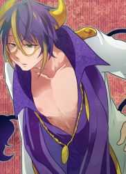 Rule 34 | 10s, 1boy, blonde hair, glasses, green eyes, looking down, male focus, maruboku, multicolored hair, nipples, orion (show by rock!!), parted lips, purple hair, show by rock!!, solo, streaked hair, tail, yellow-framed eyewear, yellow theme