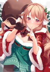 Rule 34 | 1girl, bell, blonde hair, blush, breasts, christmas, cleavage, finger to mouth, hair ornament, highres, long hair, looking at viewer, open mouth, red eyes, ribbon, santa costume, small breasts, solo, tiri, virtual youtuber