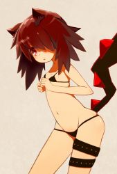 Rule 34 | 1girl, :&lt;, animal ears, bikini, black bikini, breasts, brown hair, hair over one eye, highres, leaning forward, looking at viewer, md5 mismatch, navel, open mouth, original, red eyes, resized, ruiten, simple background, small breasts, solo, string bikini, swimsuit, tail, thigh strap